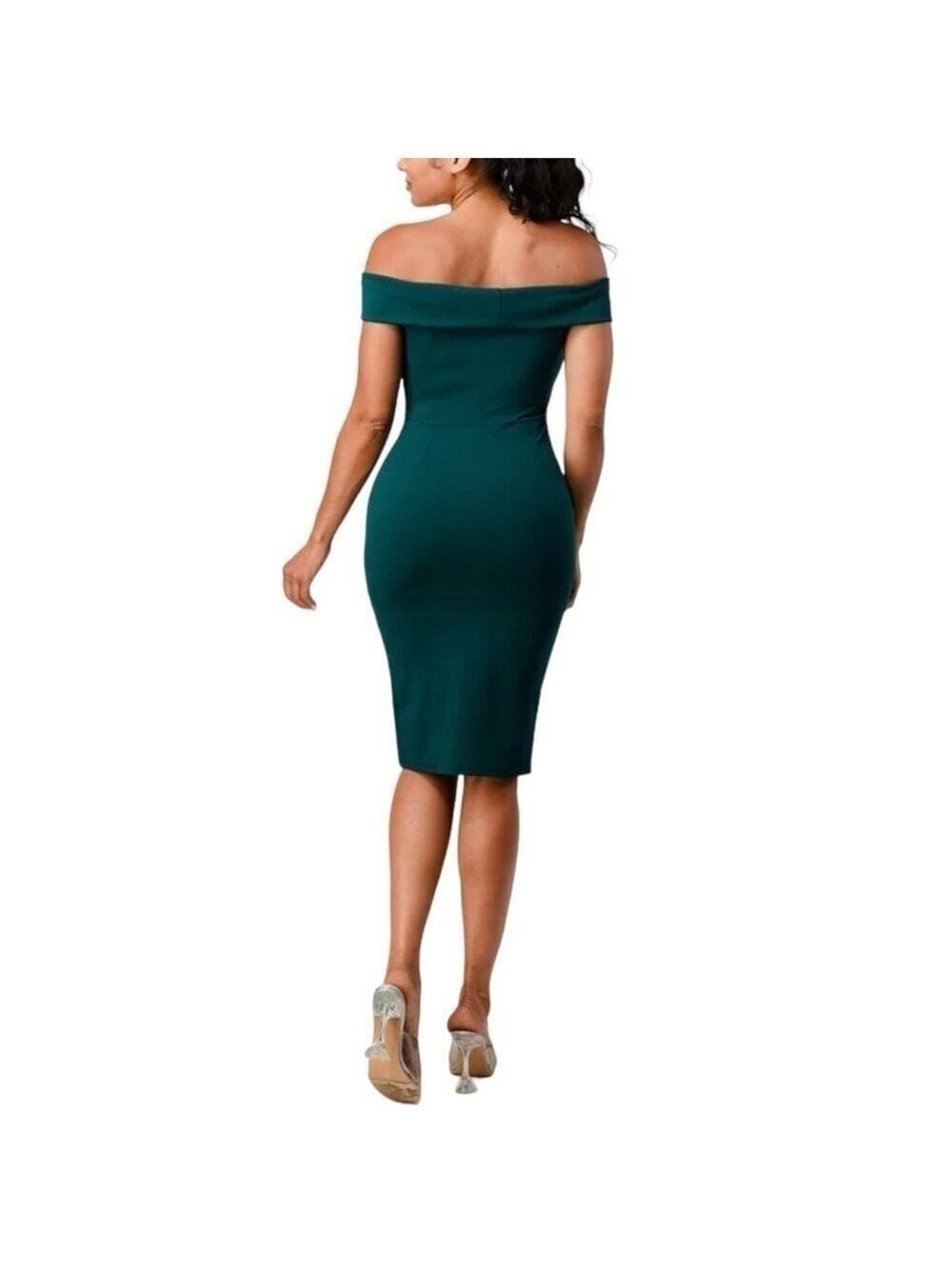 Room Service Off Shoulder Bodycon Hunter Green Stretch Midi Dress